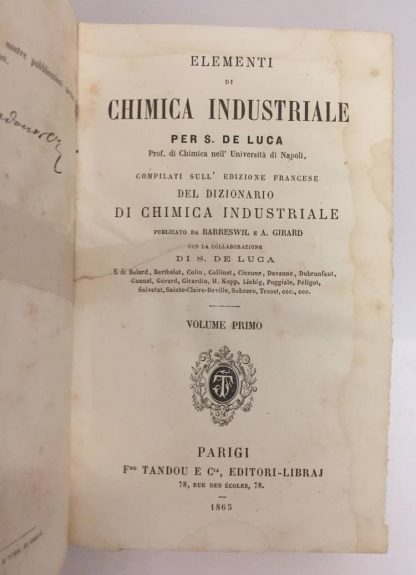 Elementi di chimica industriale Vol 1. De Luca. Tandou e cia, 1865. - immagine 2